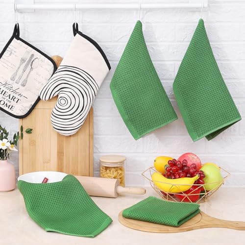 Homaxy 100% Cotton Waffle Weave Kitchen Dish Cloths, 9-Pack, Grass Green | Ultra Soft Absorbent Dish Towels, Quick Drying Dish Rags with Hanging Loop, 12 x 12 Inches - color: Grass Green, size: 12 x 12 - 9 Pack