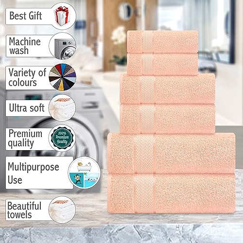 6 Piece 100% Cotton Bath Towel Set -2 Bath 2 Hand 2 Face, Peach | 100% Cotton • Thick & Plush • Hotel Quality • Ultra Soft • Highly Absorbent • Quick Dry • Low Lint • Machine Washable - color: Peach