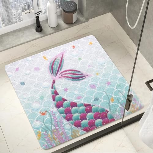 Square Shower Mats for Inside Shower, Mermaid Non Slip Bath Mat Quick Drying Bathmat Easy Cleaning Cute Shower Matt for Kids Bathroom Floor, Textured Surface Shower Foot Scrubber Mat, 24″X24″ - color: D03