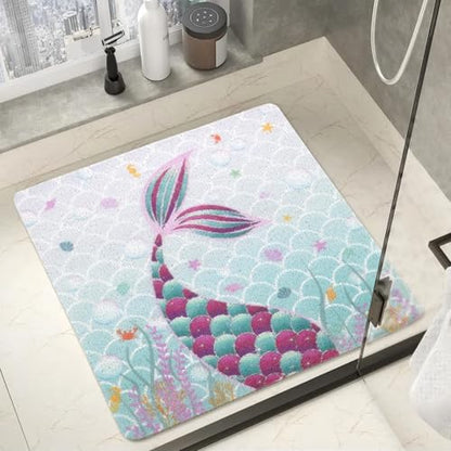 Square Shower Mats for Inside Shower, Mermaid Non Slip Bath Mat Quick Drying Bathmat Easy Cleaning Cute Shower Matt for Kids Bathroom Floor, Textured Surface Shower Foot Scrubber Mat, 24″X24″ - color: D03