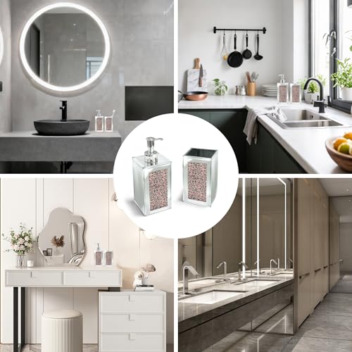 2Pcs Pink Bathroom Set, Mirror Finish & Diamond Accent Soap Holder, Modern | High polish mirror glass, sparkling diamond accents, sleek silhouette, stain proof surface, easy to clean, generous capacity - color: Pink