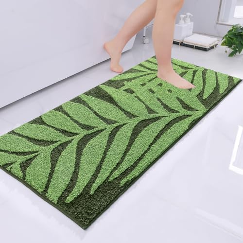 Sage Green Bathroom Rug Runner Long Bath Mat Bathroom Non Slip Bath Runner | 24" x 47" Leaf Leaf Bath Mats Monstera, Plush Fluffy Soft Absorbent Microfiber Bath Rug for Shower Floor, Toilet, Bedroom - color: Green, size: 2' x 3'11" (Rectangular)