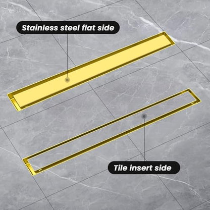 EXF Linear Shower Drain 24 Inch Brushed Gold with Tile Insert Cover | 304 Stainless Steel, V-Slope Design, Debris Strainer, Seamless, Adjustable Height - color: Brushed Gold, size: 24 IN