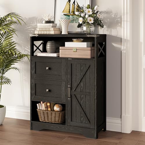 Fameill Farmhouse Storage Cabinet with 2 Drawers & Shelves,Black | Freestanding Kitchen Cabinet with Barn Doors, Floor Storage Organization For Living Room, Bathroom, Laundry - color: Black, size: 27.5 "L