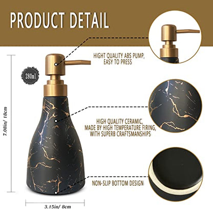Ceramic Soap Dispenser with Marble Pattern - Black Dispenser for Bathroom and Kitchen - Liquid Hand Soap Pump Bottle - color: Black Marble Cone Bottle