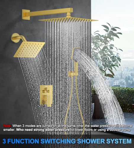 Woindo Shower Faucet Set, 10" Wall Mount Rainfall Shower System with 2 Rain Shower Head and Multi-function Handheld Head Push Button Diverter Shower Faucet Trim Kit - color: Brushed Gold, style: 10"-Wall-01