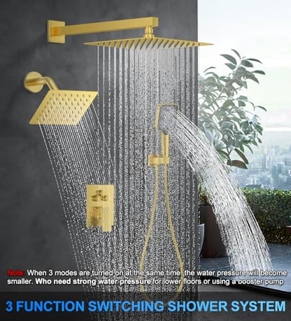 Woindo Shower Faucet Set, 10" Wall Mount Rainfall Shower System with 2 Rain Shower Head and Multi-function Handheld Head Push Button Diverter Shower Faucet Trim Kit - color: Brushed Gold, style: 10"-Wall-01