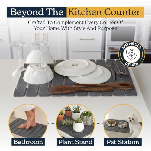 Oleex 3-Pack Stone Dish Drying Mat Set Includes 1 Large 24”x16” & 2 Small 4”x9” for Kitchen Counter-Collapsible Diatomaceous Earth Pad Absorbs Water & Dries Dishes Fast, Non-slip, Odor-Resistant Mats - color: Dark Gray