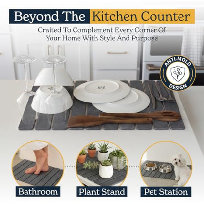 Oleex 3-Pack Stone Dish Drying Mat Set Includes 1 Large 24”x16” & 2 Small 4”x9” for Kitchen Counter-Collapsible Diatomaceous Earth Pad Absorbs Water & Dries Dishes Fast, Non-slip, Odor-Resistant Mats - color: Dark Gray