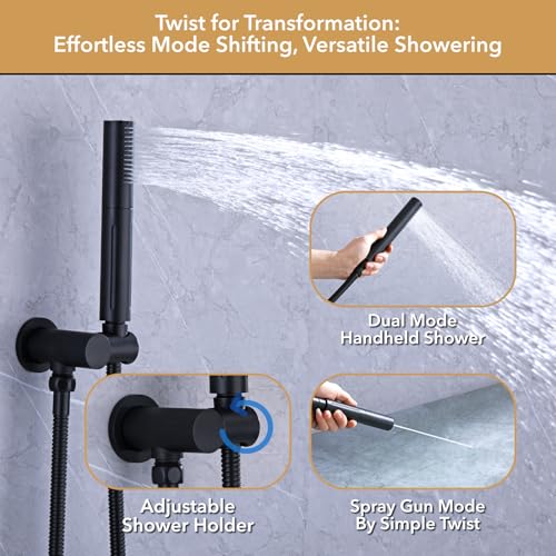 VANFOXLE Shower Faucet Set Matte Black Shower System, Push Button Diverter | 8 Inch Wall Mount Head, 2-in-1 Handheld Sprayer, 9 Inch Bathtub Waterfall Spout, Solid Brass Valve, Rust Resistant - color: Matte Black, style: 8 Inch