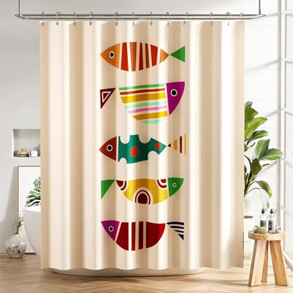 AmazerBath Fish Shower Curtain, Geometric Shaped Fish Bathroom Shower Curtain with 12 Shower Curtain Hooks, Rustic Fabric Shower Curtain Set, 72x72 Inches - color: B- Geometric Shaped Fish+12 Metal Hooks, size: 72"W x 72"L (Pack of 1)