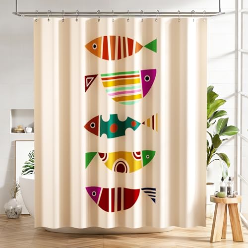 AmazerBath Fish Shower Curtain, Geometric Shaped Fish Bathroom Shower Curtain with 12 Shower Curtain Hooks, Rustic Fabric Shower Curtain Set, 72x72 Inches - color: B- Geometric Shaped Fish+12 Metal Hooks, size: 72"W x 72"L (Pack of 1)