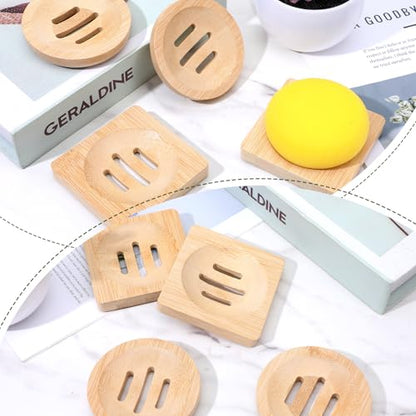 20Pcs Bamboo Soap Dish Set for Bar Soap, Bamboo Soap Holder with Self-Draining Soap Tray, Shampoo Bar Holder for Bathroom Kitchen Sink Travel, Round and Square Wooden Organizers for Sponges Razors