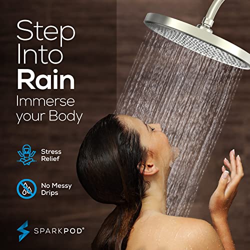 SparkPod 10 Inch Round Rain Shower Head - Ceiling or Wall Mount Rainfall Shower Head - Large Coverage Showerhead - Brass Ball Joint with 360° Adjustment - 1-Min Install (Elegant Brushed Nickel) - color: 2 - Elegant Brushed Nickel 10 Inch Round, style: 10