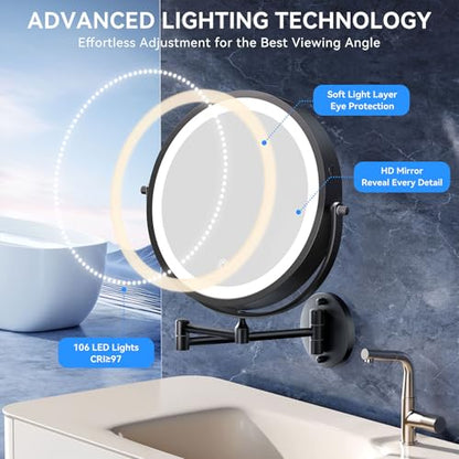 Auxmir 9″ 5000mAh 1X/30X Wall Mounted Lighted Magnifying Makeup Mirror | Power Adapter&2 Tweezers Included/ 3 Dimmable Colors/ Dual Sided Button Control/ Rechargeable/ 360° Rotation Extended Arm - color: 9'' 30x-black+adapter