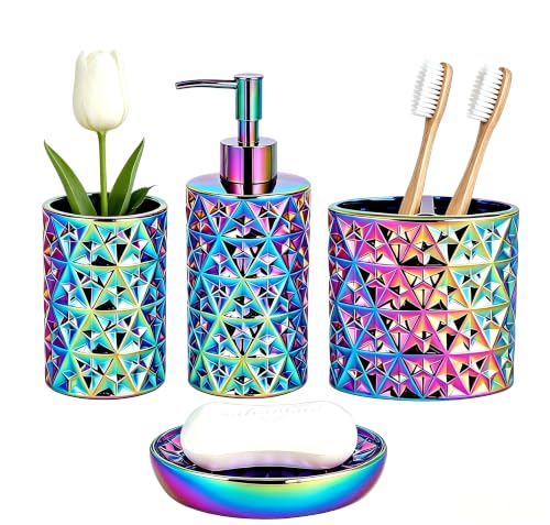 Colorful Bathroom Accessories Set 4 Pcs, Lotion Soap Dispenser, Soap Dish, Toothbrush Holder, Tumbler, Countertop Vanity Organizer for Bathroom Accessory Set - color: Colorful