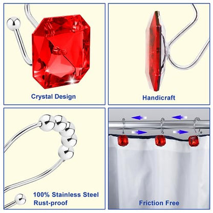 Shower Curtain Hooks Rings for Bathroom, 12PCS Double Hooks Glide Anti Rust Crystal Rhinestones Shower Curtain Rings Hangers for Shower Curtains, Clothing, Towels, etc. (Clear) (Red) - color: Red