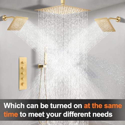 Thermostatic Shower System Three Shower Heads with 16" Ceiling Mounted Rain Shower Head & 2 x 6" Wall Mounted Head 4 Function Shower System Can All Run Together, Brushed Gold - color: Brushed Gold