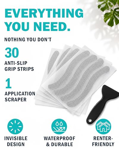 Anti-Slip Shower Stickers, Non-Slip Bathtub Appliques, Tub & Bath Strips | 30-Pack for Fuller Coverage | Gray, Low-Profile Design | Includes Scraper for Easy Application - color: Gray