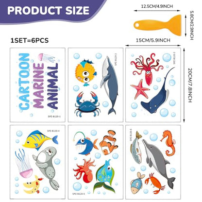 PRATIQUE Non Slip Bathtub Stickers, 6 Pages Sea Organism Ocean Fish Adhesive Kids Anti Slip Decal Threads for Shower Floor and Bath Tub Decals with Premium Scraper - color: Ocean Fish
