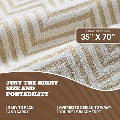White Classic Cotton Beach Towels Oversized 35 x 70 Inches, Ultra Absorbent and Low Lint Luxury Pool Towels, Chevron Design, Beige, 2 Pack - color: Chevron Beige