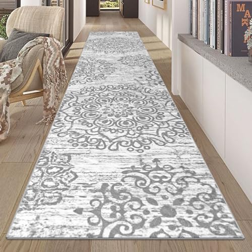 HEBE Hallway Runner Rug 2'x10', Washable Non Slip Kitchen Rug Runner | Soft Boho Bedroom Runner Rug, Vintage Distressed Low-Pile Floor Carpet Runners for Hallway, Entrance, Bathroom, Laundry - color: Grey, size: 2' x 10' (Rectangular)