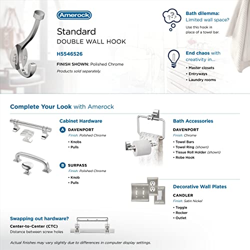 Amerock Adare Double Prong Polished Chrome Wall-Mounted Hook | Decorative wall hook in durable zinc construction for coats, hats, bags, towels, and everyday organization