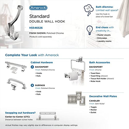 Amerock Adare Double Prong Polished Chrome Wall-Mounted Hook | Decorative wall hook in durable zinc construction for coats, hats, bags, towels, and everyday organization