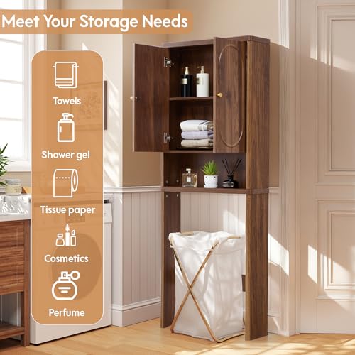 ORRD Fluted Over The Toilet Storage Cabinet, Bathroom Toilet Storage Cabinet with Door, Wood Curved Over The Toilet Space Saver Cabinets for Restroom Bathroom, Walnut