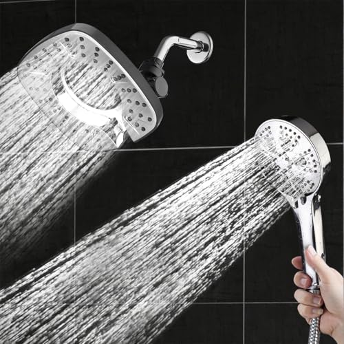 Shower Head with Handheld Spray Combo 2 in 1 Rainfall High Pressure with 59" Rotatable Stainless Steel Hose 9 Spray Modes Detachable Silver - color: Silver