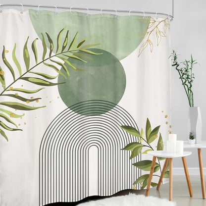 Sage Green Boho Bohemian Abstract Leaves Olive Bathroom Shower Curtain Set | Dark look; 72"W x 78"L. waterproof HD print, quick-dry fabric and free hooks for easy setup. - color: A-02sage Green, size: 72"W x 78"L (Pack of 1)
