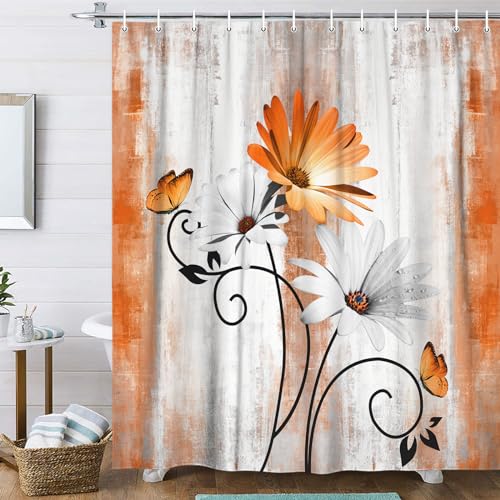 Rustic Farmhouse Shower Curtain, Farm Orange Daisy Floral Fall Flowers and Butterfly on Country Wooden Autumn Shower Curtain for Bathroom, Yellow Grey Gray Red Gold Curtain with 12PCS Hooks, 70X70IN - color: Orange, size: 70"W x 70"L (Pack of 1)
