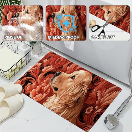 Bathroom Runner Mat Rugs Long,Golden Retriever Dog Flower Image Diatomite Stone Bath Mat Large Absorbent Diatomaceous Earth Mat Non Slip Fast Dry Shower Mat Bathroom Rugs Floor Mat 16x42in - color: Design06