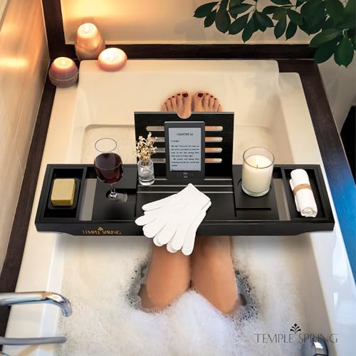 Bamboo Bathtub Tray Caddy for Tub — Expandable Wood Bath Tray with Solid Book Stand Wine Holder and Non-Slip Pads — Includes Bamboo Soap Dish and Spa Accessories — Luxury Bath Gift Set - color: Black