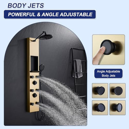 ROVATE Shower Panel Tower with Shelf & Adjustable Shower Arm, Brushed Gold | Stainless Steel Shower Column with 6 Adjustable Body Jets, Self-Cleaning Rainfall Shower Head & Flexible Handheld, Wall Mount - color: Brushed Gold + Black