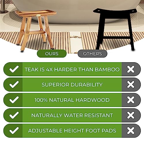EcoDecors® Satori® 14" Solid Teak Shower Bench, Water-Resistant Bath Stool with Adjustable Feet, EarthyTeak Finish, Indoor/Outdoor Use - size: 14" L x 10" W x 14" H