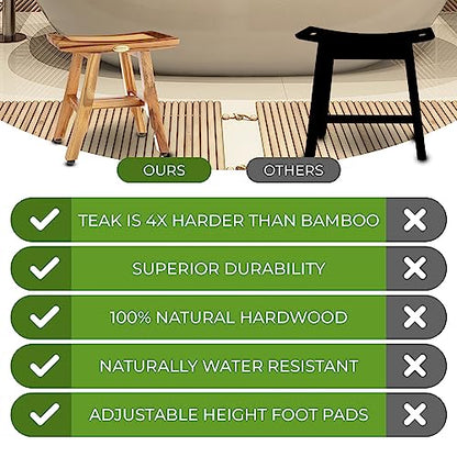 EcoDecors® Satori® 14" Solid Teak Shower Bench, Water-Resistant Bath Stool with Adjustable Feet, EarthyTeak Finish, Indoor/Outdoor Use - size: 14" L x 10" W x 14" H