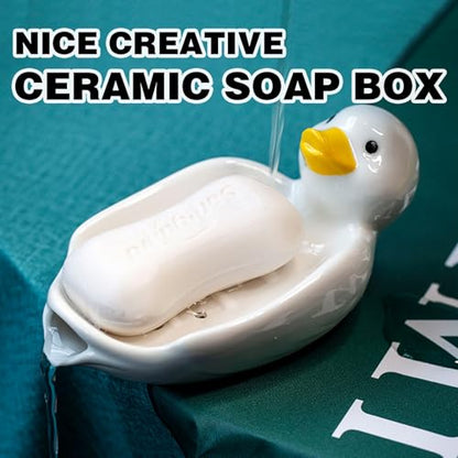 Cute Ceramic Soap Dish Self Draining Adorable Duck Shaped Kitchen Sink Soap Organizer for Bathroom Quick Drying Soap Holders - color: White Duck-2