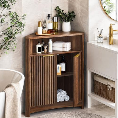 Corner Cabinet, Corner Storage with Fluted Panels and Adjustable Shelf, Modern Floor Cabinets for Small Spaces, Bathroom, Living Room, Kitchen, Walnut MCW23HT