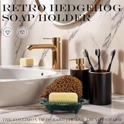 Cast Iron Hedgehog Metal Soap Dish, Cute and Durable Soap Holder, Self Draining Soap Dish with Drainage Holes Non-Slip Base for Bathroom - color: Hedgehog