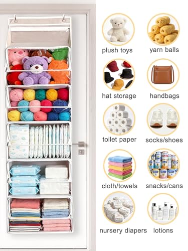 Over Door Storage Bag with Zippered Closure, 6 Tier Hanging Organizer, Behind Door Stuffed Animal/Toy/Plush Holder, Clear Window, Home Organization for Bathroom/Bedroom/Closet/Nursery, 1Pack,Beige