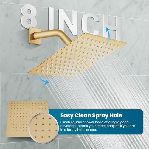 gotonovo Rainfall Bathroom Shower System Rain Shower Head and Handle Set Wall Mounted Shower Complete Combo Solid Brass Pressure Balancing Shower Mixer Valve 8 Inch Brushed Gold - color: Brushed Gold, size: 8 Inch