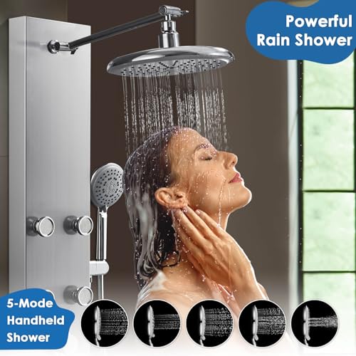 ROVOGO Shower Panel Tower System With Adjustable Shower Head, Brushed | 6 Body Jets, Self-Cleaning Rain Shower and Handheld, Brass Shower Arm and Valves, Stainless Steel Shower Column, 47-1/4 Inch - color: Brushed Panel+Chrome Fixtures