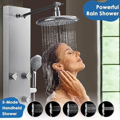 ROVOGO Shower Panel Tower System With Adjustable Shower Head, Brushed | 6 Body Jets, Self-Cleaning Rain Shower and Handheld, Brass Shower Arm and Valves, Stainless Steel Shower Column, 47-1/4 Inch - color: Brushed Panel+Chrome Fixtures