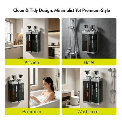 Wall Mounted Lockable Shampoo and Conditioner Dispenser | 17oz Large Pump Head No Drill Refillable ABS Plastic Bottle For Bathroom Shower Commercial Use Silver 2 Pack - color: Silver, size: 2