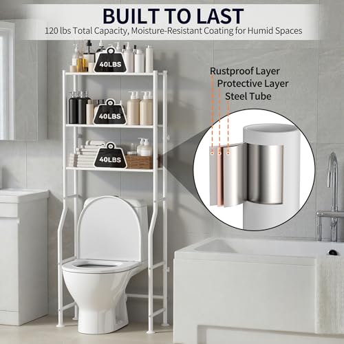 3-Tier Over The Toilet Storage, Freestanding Metal Bathroom Shelves, Space Saver Above The Over Toilet Storage Shelf for Bathroom (White) - color: White