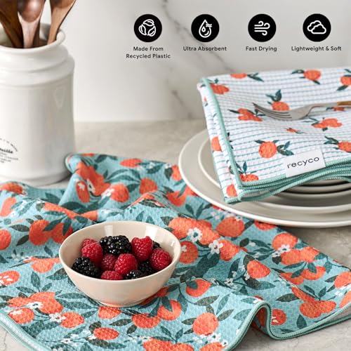 RECYCO Waffle Kitchen Towel Set of 2 - Quick Dry Microfiber Sustainable Dish Towels - Ultra Absorbent Reusable Cleaning Tea Towels - Lightweight Hand Towels,16”x 28”, Clementine Grove - color: Clementine Grove