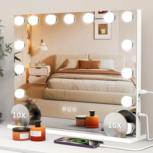 VESAUR Hollywood Vanity Mirror with 10X/15X Magnification and Lights, USB/Type-C Port Makeup Mirror with 15 Dimmable LED Bulbs, 3 Color Modes, Tabletop & Wall Mount for Bedroom, Aluminum（23"x18"）