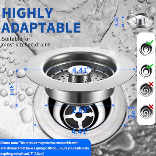 Sink Drain Strainer - Sink Stopper, 3-in-1 Kitchen Stainless Steel Drain Plug with Anti-Clog Basket, Pop-Up Cover
