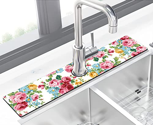 Kitchen Sink Splash Guard Faucet Mat Super Absorbent Fast Drying Mat Sink Gadgets Splash Guard Behind Faucet Drip Catcher for Kitchen (Pink Red Roses Floral, 23.5x5.5in) - color: Pink Red Roses Floral, size: 23.5" x 5.5"